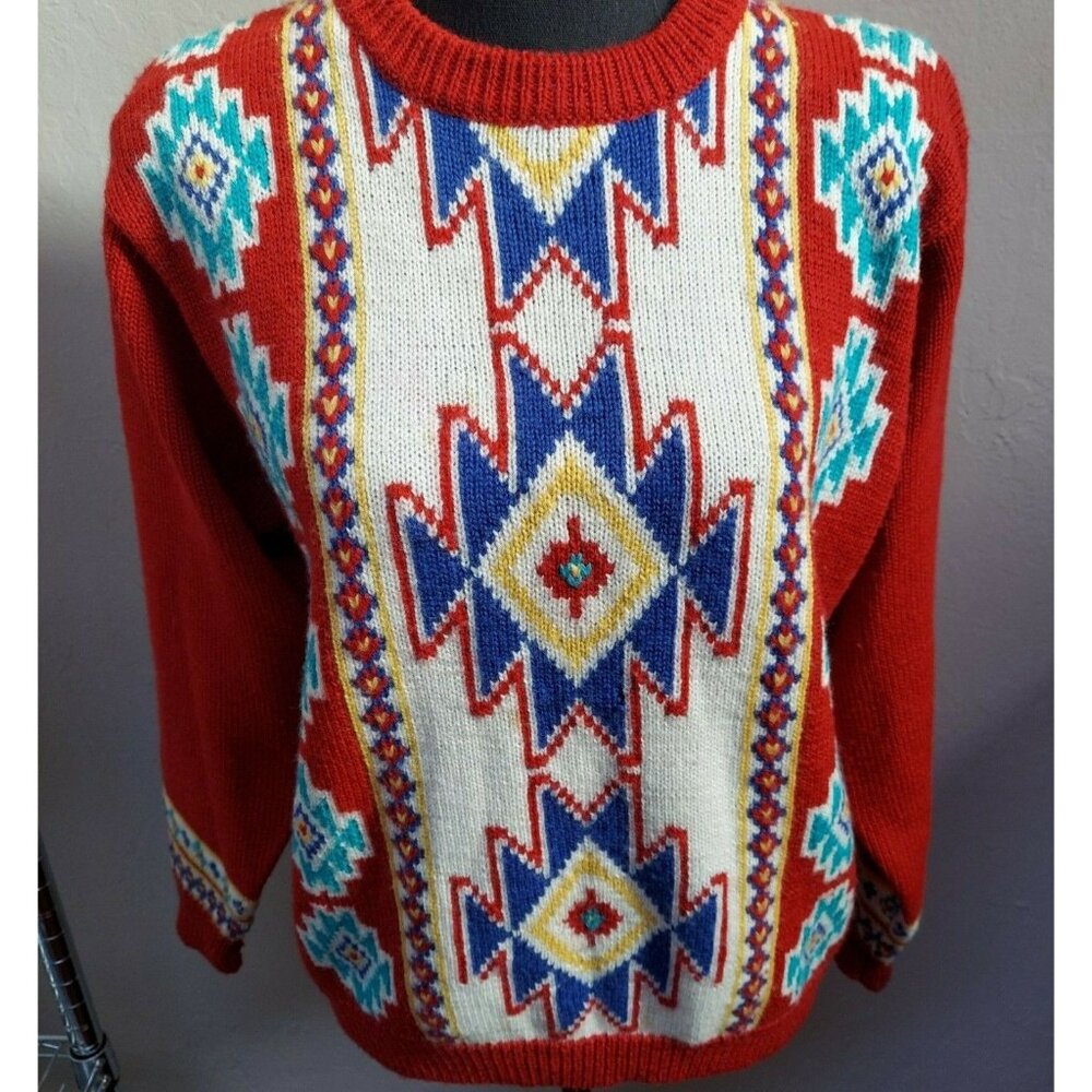Catcher Womens Medium Red 100% Wool Fair Isle Print Knit Sweater Pullover